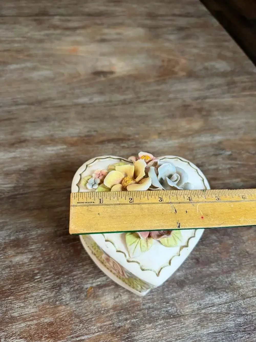 Vintage Porcelain Heart-Shaped Trinket Box with Applied Floral Bouquet